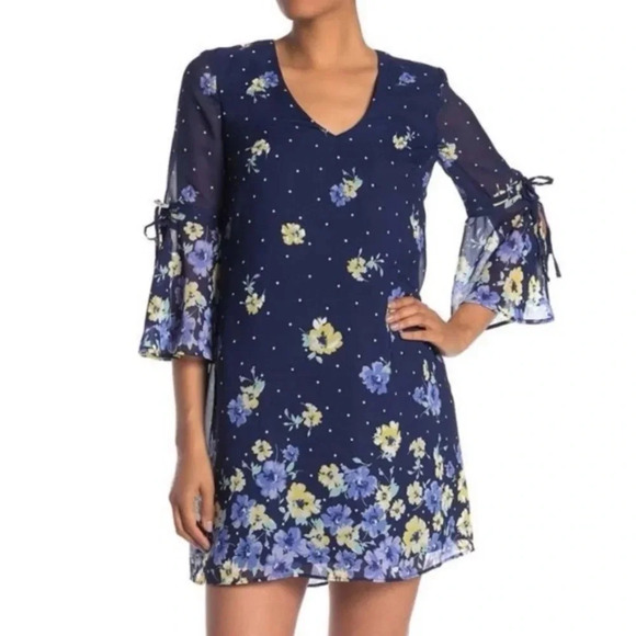 Vince Camuto Sheer Bell Sleeve Blue Floral V Neck Shift Dress - Picture 1 of 8